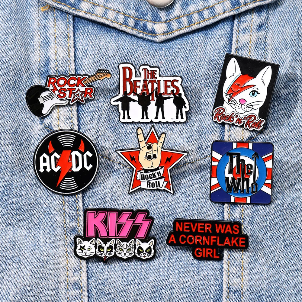 

Cartoon Rock Music Enamel Brooches Lapel Pins CD Lightning Cat Pentagram Guitar Singer Band Metal Badge Jewelry Gift For Friends