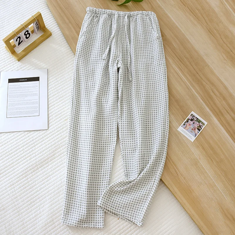 New Spring Summer Japanese Women\'s Pajamas 100%Cotton Crepe Small Plaid Loose Girls\' Pants Household Pants Thin Size Large pants