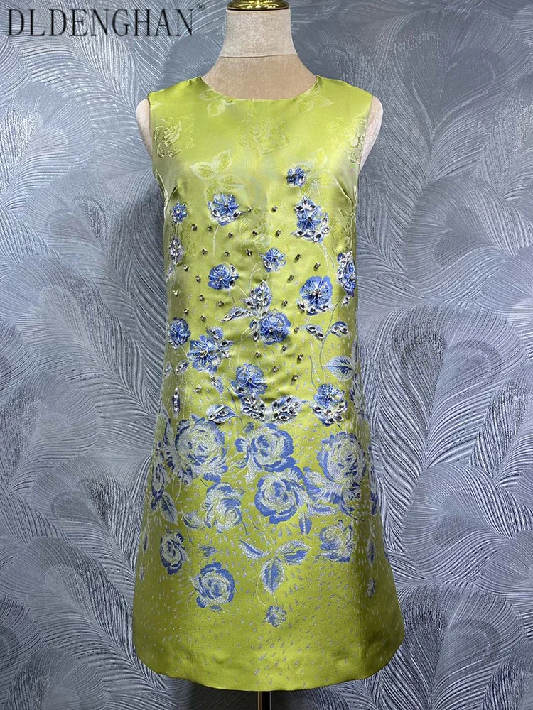 

DLDENGHAN Crystal Diamonds Vest Dress For Women O-Neck Sleeveless Vintage Jacquard Dresses Summer Fashion Female