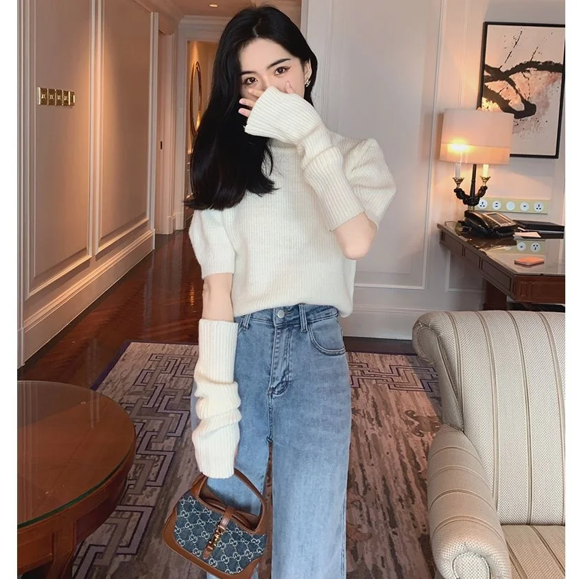 Detachable Sleeve Knitted Sweater Women Plus Size Women'S Winter Velvet Double-Zip High-Grade Pullover Homewear Elegant Black OL