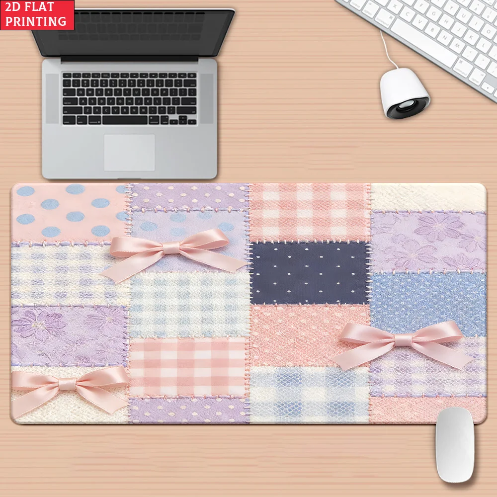 

Cute Patchwork Bow Large Desk Mat, Kawaii Pastel Plaid Extended Mouse Pad, Non-Slip Desk Pad for Home Office Decor