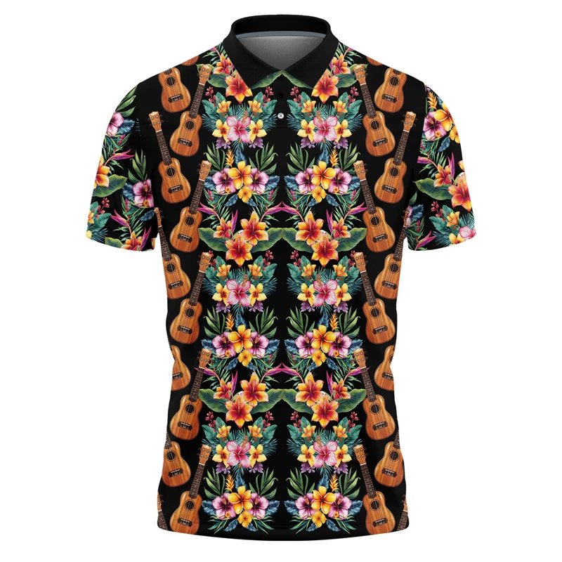 Ukulele Flower 3D Printed Polo Shirts For Men Clothes Violin POLO Shirt Beginners Instrument Players Short Sleeve Boy Tee Tops