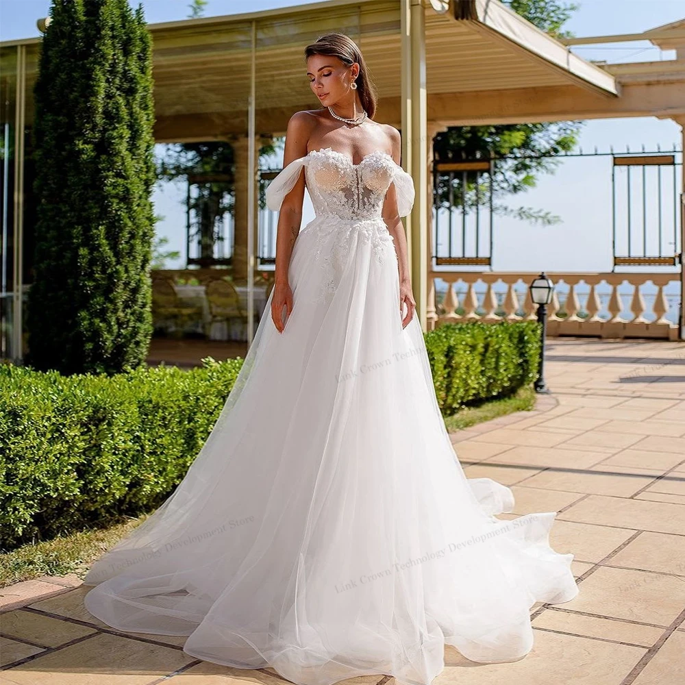 Charming Ivory Wedding Dresses with Lace 2024 Strapless Bridal Gowns for Women Summer Court Train Soft Tulle Vestido De Novia