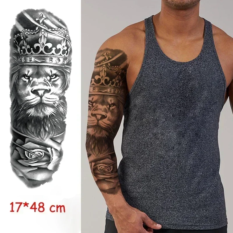 Autocollant Faux Tatouage Temporaire étanche - Motifs Lion Et Croix, Noir, Neuf