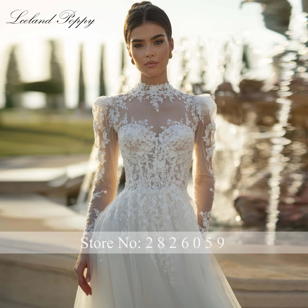 IJsland Poppy Aangepaste A-lijn O-hals Kanten Trouwjurken Gezwollen mouwen Tule Bruidsjurken met Hofsleep