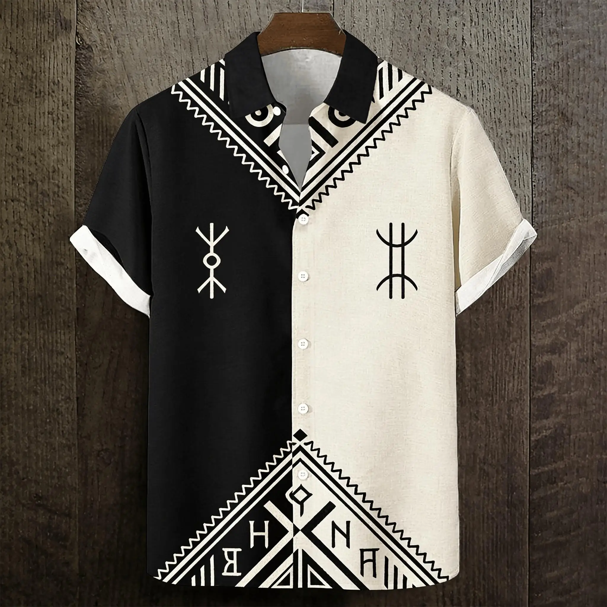 

Men's Black & White Split Tribal Rune Print Short Sleeve Shirt, Ethnic Geometric Button Down for Spring Summer Casual