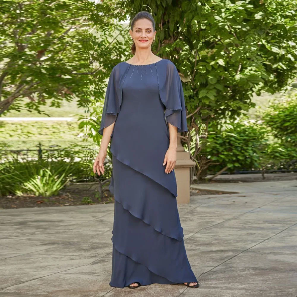 Vestidos de gasa azul marino oscuro para madre de la novia, vestido de noche Formal hasta el suelo con cuentas para bodas