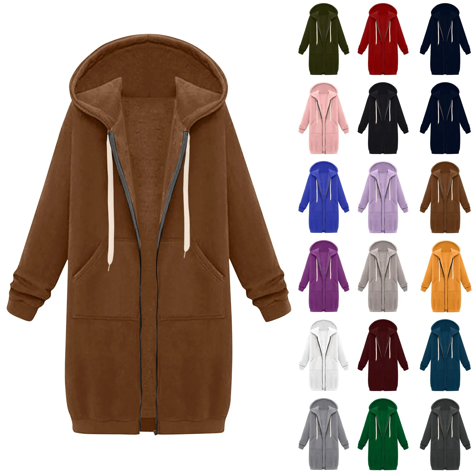 2024 Women's Casual Zip Up Hoodies Long Tunic Sweatshirt Winter Windproof Drawstring Hooded Jacket Outerwear With Pockets