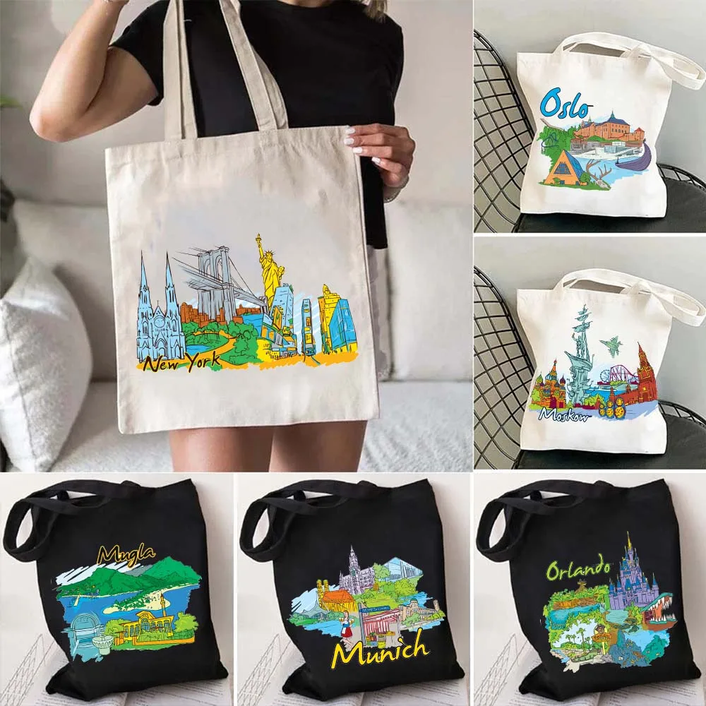 Mumbai Munich New York Montreal Moskow City Art Canvas Tote Bag Mugla Orlando Oslo Pattaya Phuket Punta Cana Rome Cotton Handbag