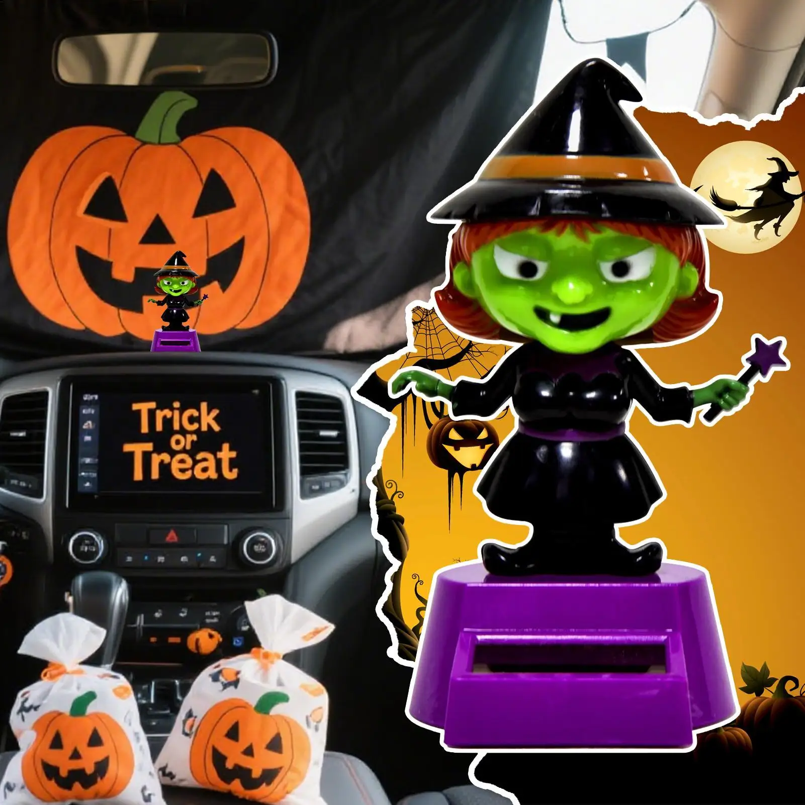 

Witch Car Decorations Witch Car Interior Decoration Solar-Powered Shaking Head Interior Ornament For Halloween Inside Home