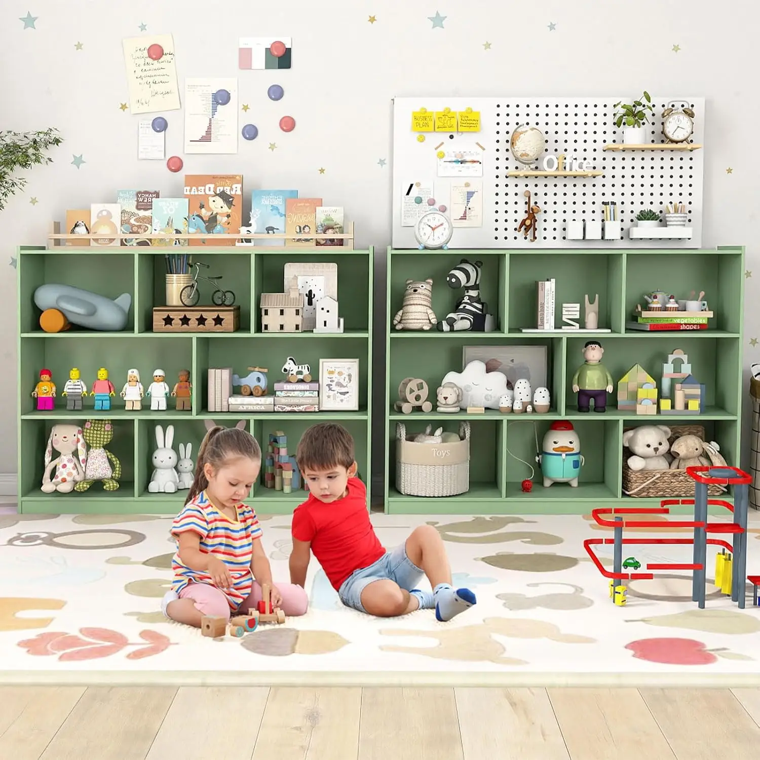 Kids Toy Storage Organizer, 8-Section 3-Tier Wooden Book Shelf for Preschool, Playroom & Nursery (Green)