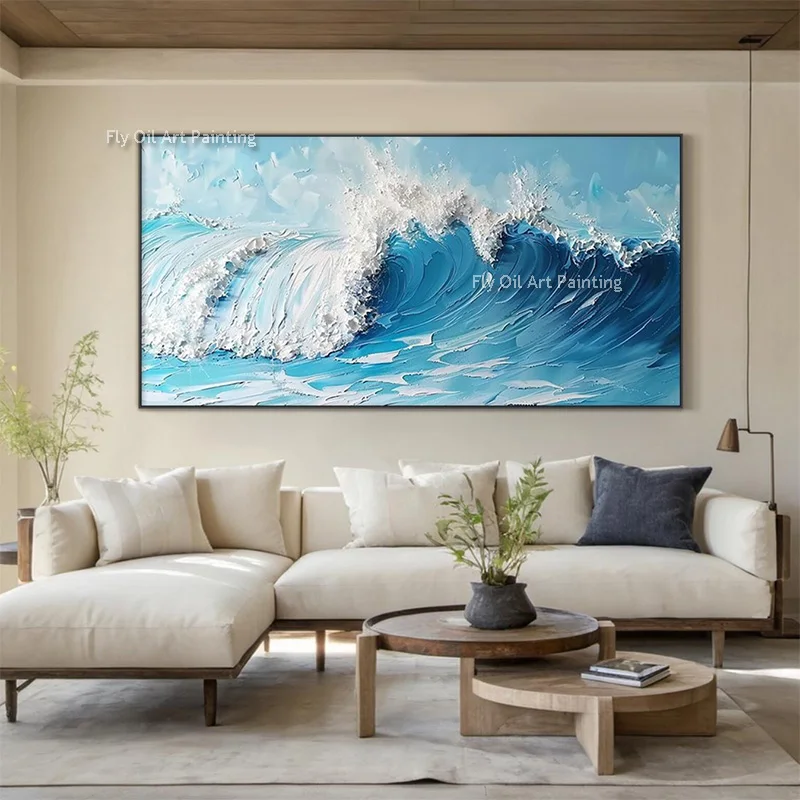 Original Large Abstract Blue And White Ocean View Knife Thick Oil Painting On Canvas Handmade Seawaves  Scape Wall Art Decor