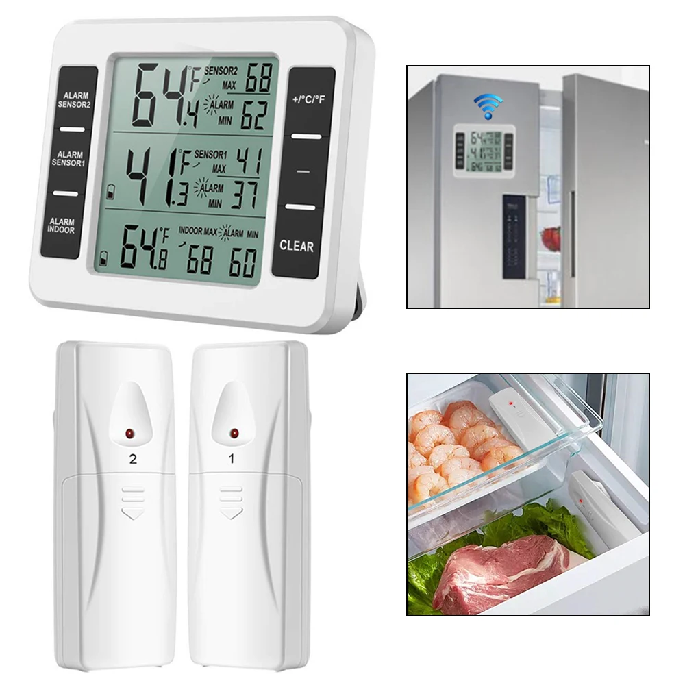 Wireless Thermometer with Audible Alarm Temperature Meter +2 Sensor for Kitchen, Freezer, Garden Indoor Outdoor