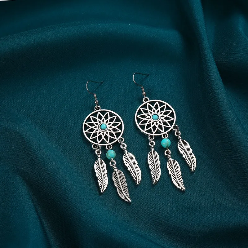 1 Pair Women Vintage Bohemian Style Gem-stone Feather Hollow Out Dangle Earrings Dream Catcher Drop Earrings For Women