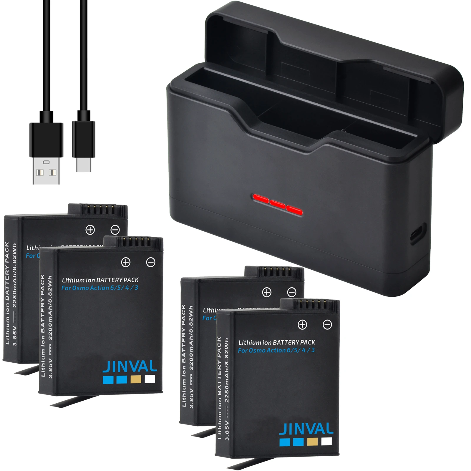 2280mAh Li-Ionen-Akku für DJI Osmo Action 3/4/5 Pro/6, Osmo 360 Kamera, 3-Slot-Ladestation für Osmo Action Serie Kameras