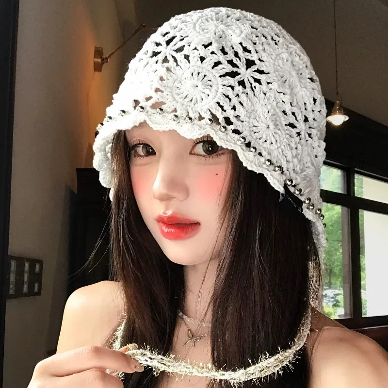 White Hollow Out Flower Beaded Fringe Knitted Bucket Hat for Women Breathable Trendy Summer Headwear