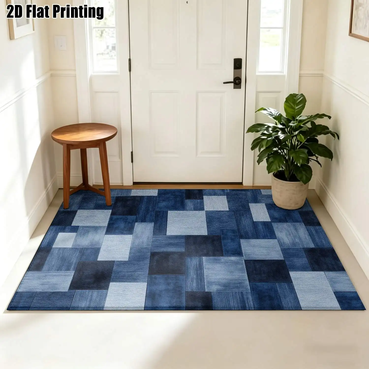 1Pc 2D Printed Carpet: Blue-White Geometric Patchwork, Nordic/Instagram Style, Modern Minimalist Vintage European Decor, Multi-Size, Machine Washable, for Entrance, Dining, Foyer, Bedroom, Living Room