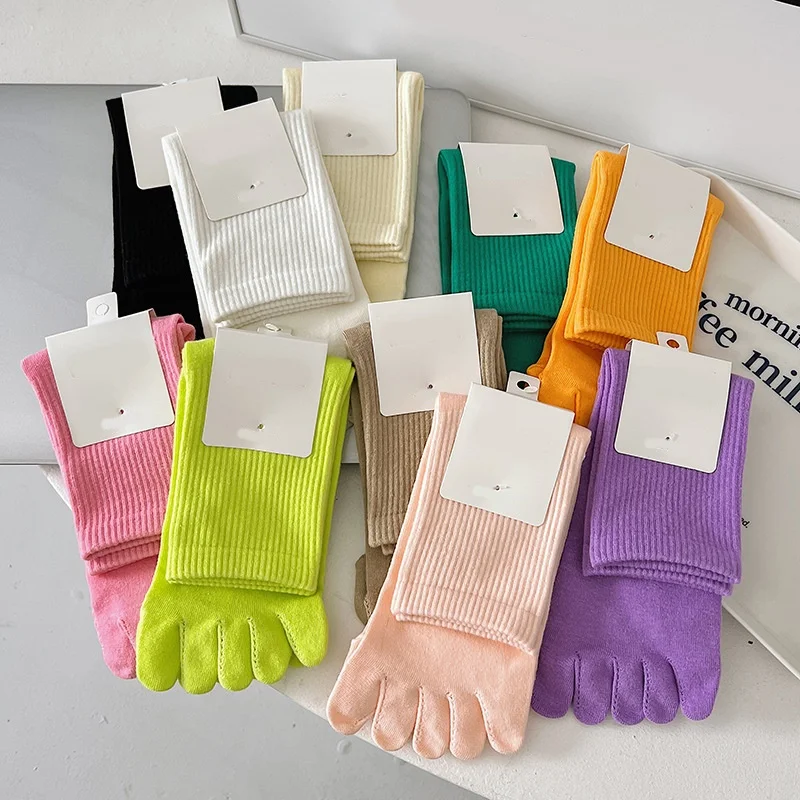 Candy Color Striped Cotton Five Finger Socks For Women Harajuku Soft Comfortable Five Toe Sock Fashion Solid Color Long Soxs