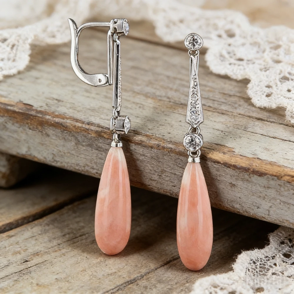 Delicate Long Teardrop Pink Orange Stone Earrings Artistic Jewelry Bright Silver Color Crystal Coral Statement Earring Femme view 5