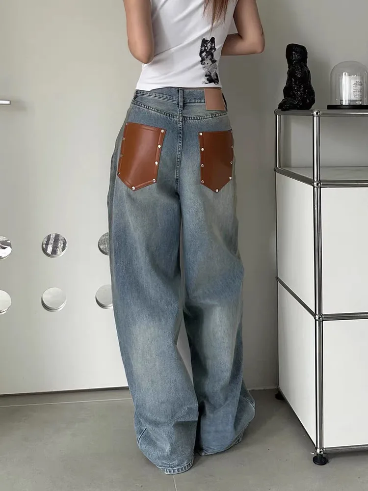 

Модные женские джинсы из искусственной кожи с заклепками и вставками, с высокой талией, свободного прямого кроя, бежевые, весна-осень, новинка