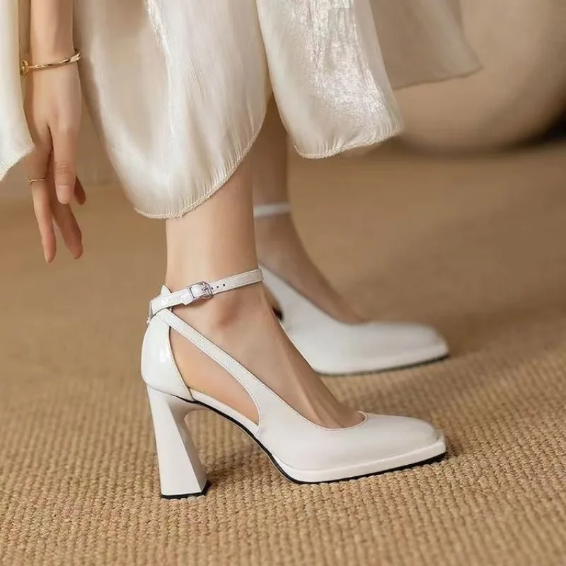 

2026French Style Summer New Soft Leather Square Head Thick Heel Sandals Women Waterproof Platform Single Shoes Hollow out Design