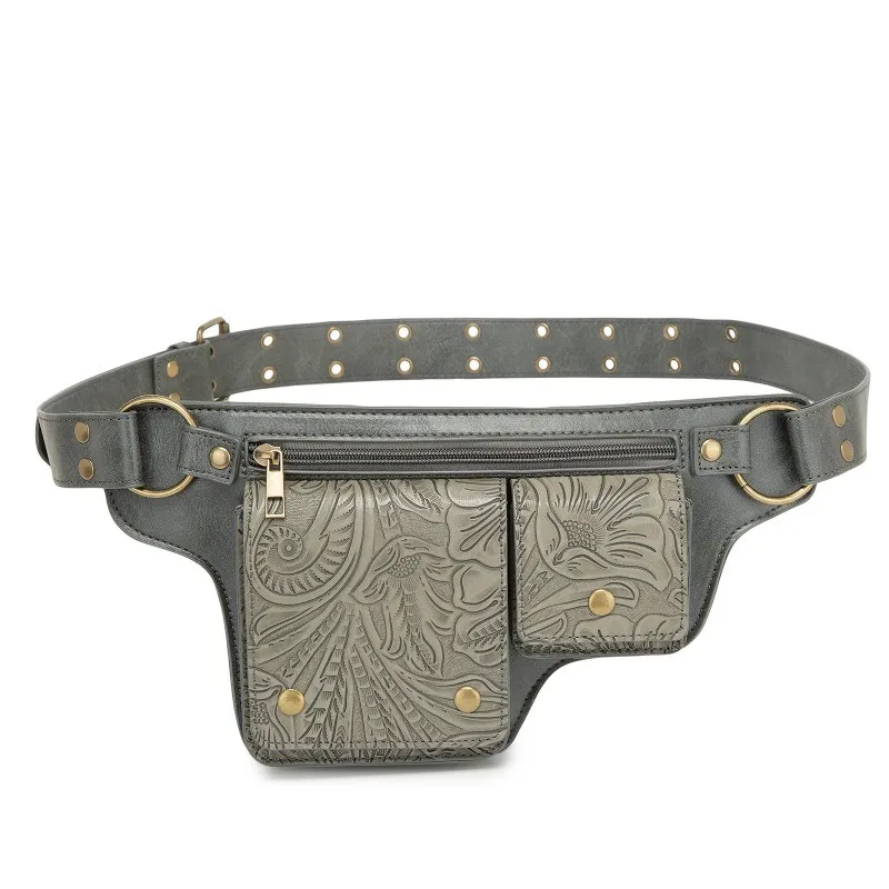 Women's Medieval Punk Waist Bag Steampunk Pu Leather Motorcycle Style Hip Belt Bag Retro Outdoor Sports Adjustable Fanny Pack