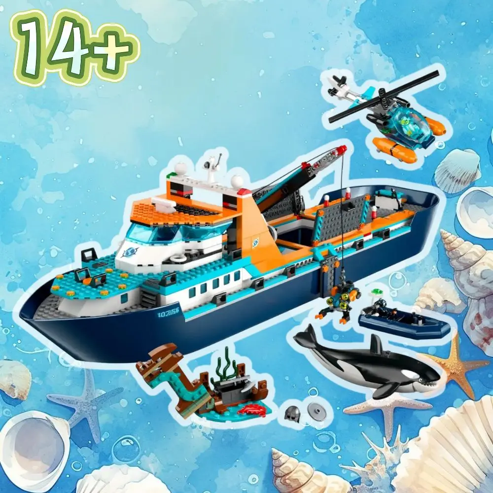 

2026 815Pcs Arctic FIT Explorer Ship Building Block Model Bricks Toys Floatable Boat Helicopter Christmas Gifts For Adults Kids