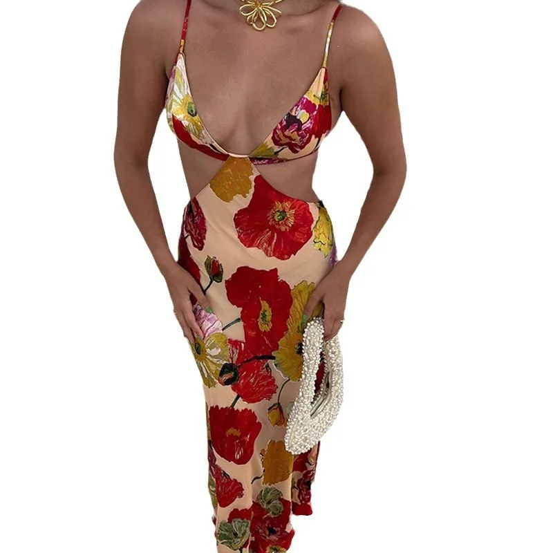 Sexy Hollow Out Halter feminino Vestidos longos, sem mangas, saia floral estampada sem encosto, vestidos femininos, festa na praia, férias, verão, 2022