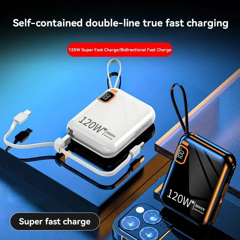 30000mAh 120W Portable Power Bank Large Capacity Built-in Cable Bidirectional Fast Charging Mini Power Bank For Iphone Samsung