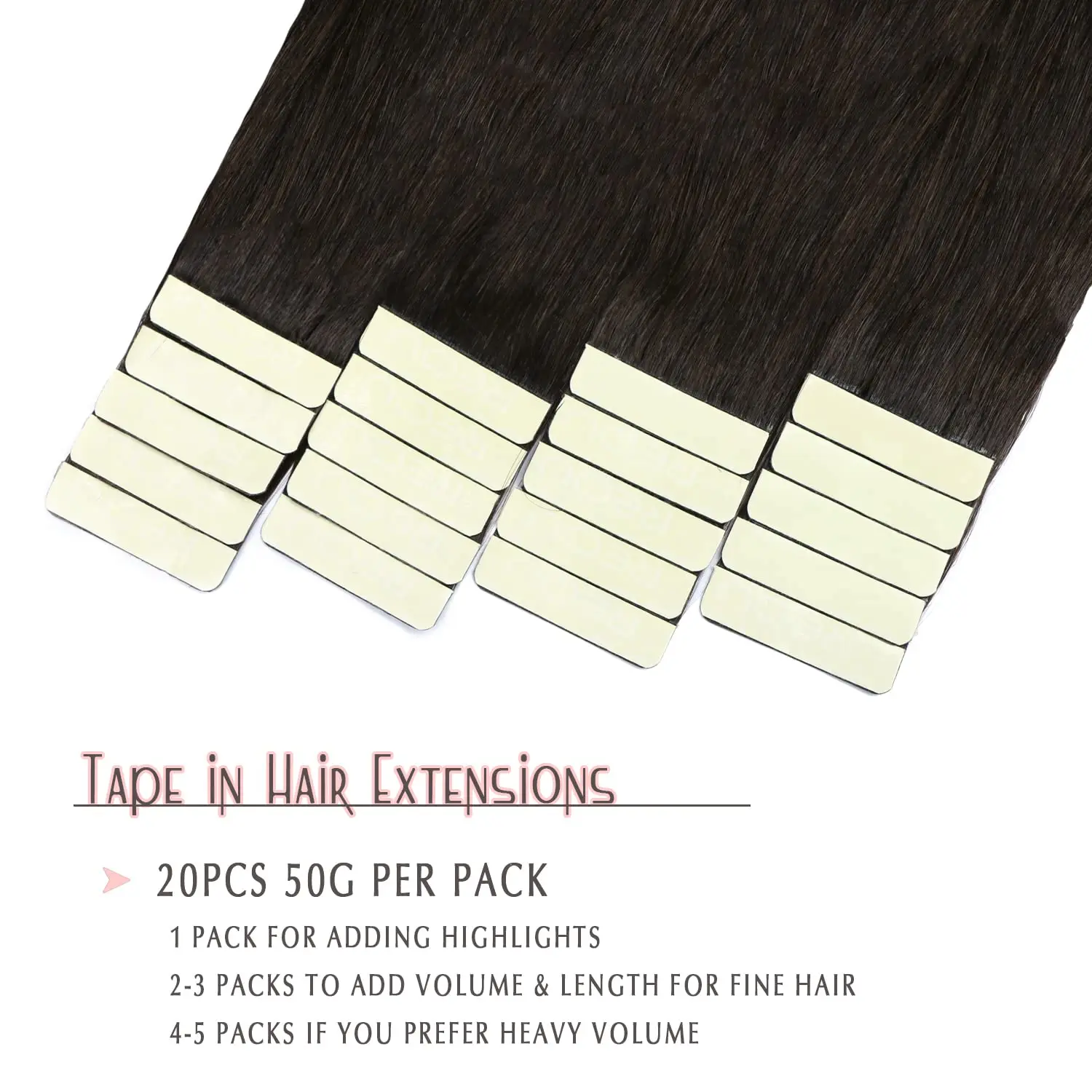 Tape-in-Extensions de Cheveux Humains Lisses, Cheveux Brésiliens, Trame de Peau Sans Couture, # 1B, 100% Cheveux Humains, 18 po, 20Pcs