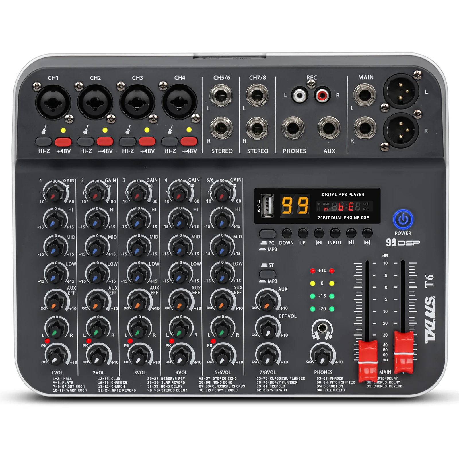 Mixer de Áudio TKLBLS T6 de 6 Canais com Bluetooth, Interface USB XLR RCA, Alimentação Phantom de 48V, 99 Efeitos DSP para Shows ao Vivo e KTV