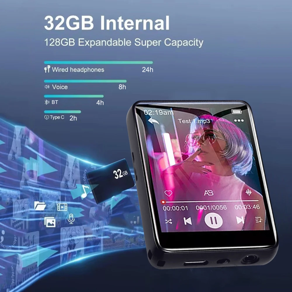 مشغل موسيقى MP3 متعدد الوظائف بلوتوث 5.4 جودة صوت ستيريو هاي فاي 2.4 بوصة شاشة تعمل باللمس مدمجة في ذاكرة 32 جيجابايت مشغل MP4