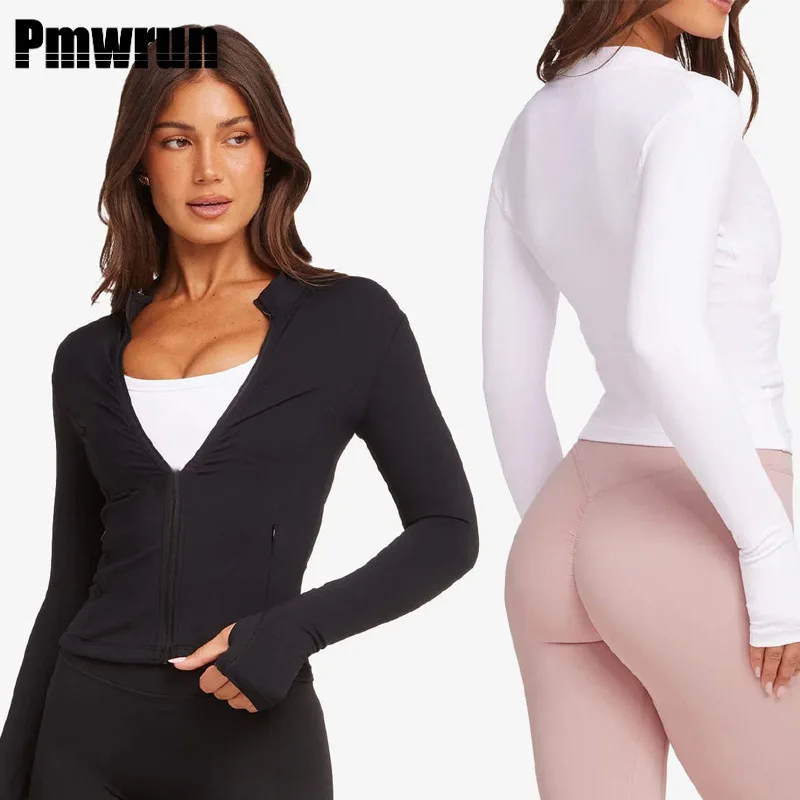 

PMWRUN Верхняя одежда для йоги на молнии, легкая, удобная, прочная, стильная, впитывающая влагу, идеально подходит для одежды для йоги