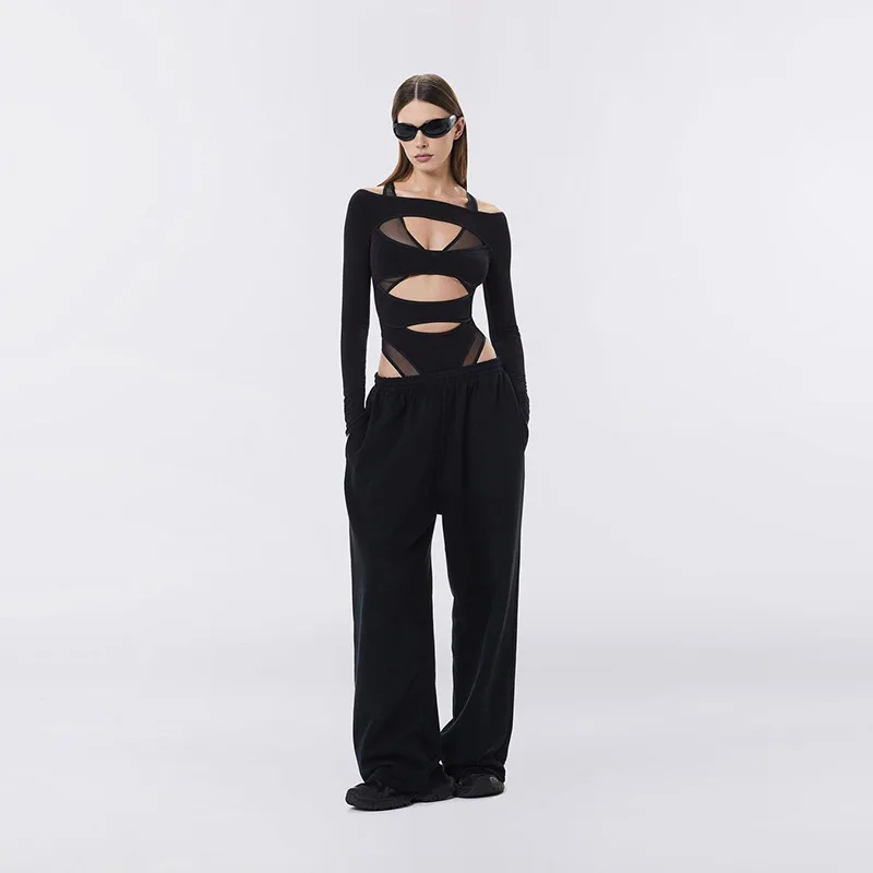 

Fashionable Bodysuit Extra-Long Sleeve Cropped Bodysuit Cutout Figure-Flattering Slim Bodysuit Monochrome Trendy One Piece