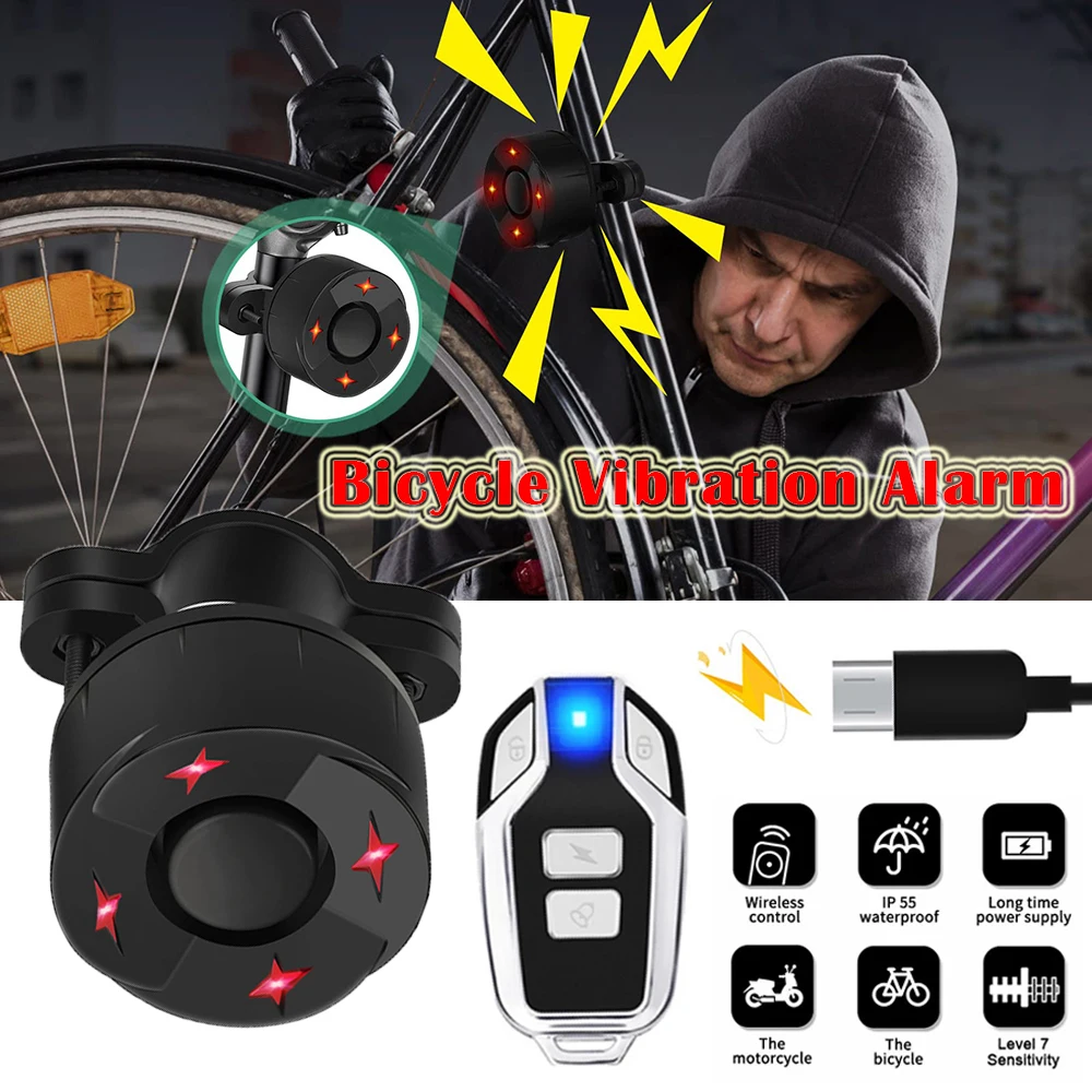 Bicycle Vibration Taillight Alarm USB Charge Wireless Remote Control Waterproof Anti-Theft Motorcycle Electric Bike Safety Alarm