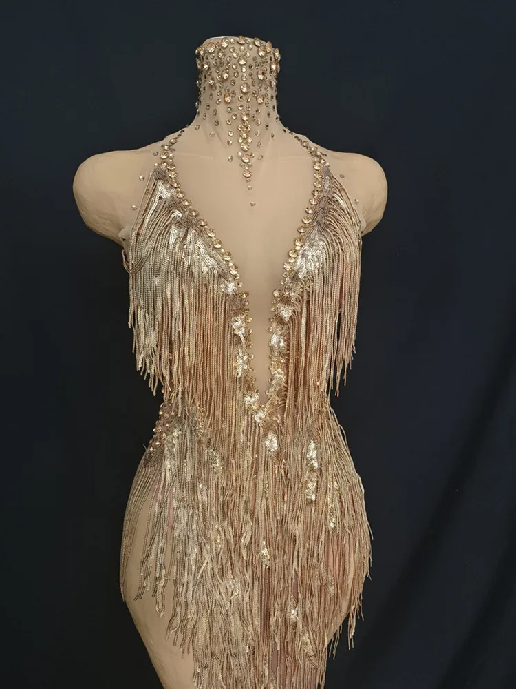 Women Sexy Tassel Gold Diamonds Midi Dress Birthday Party Costume Bar Nightclub Stage Performance Clothing