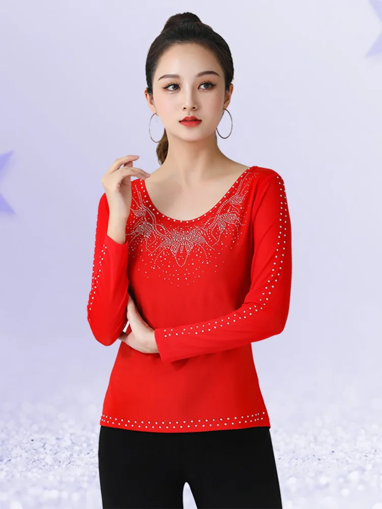 

Long Sleeves Ballroom Dance Competition Female Tops Belly Costume Jazz Solid Color Waltz 2024 High Quality Rhinestones Pants