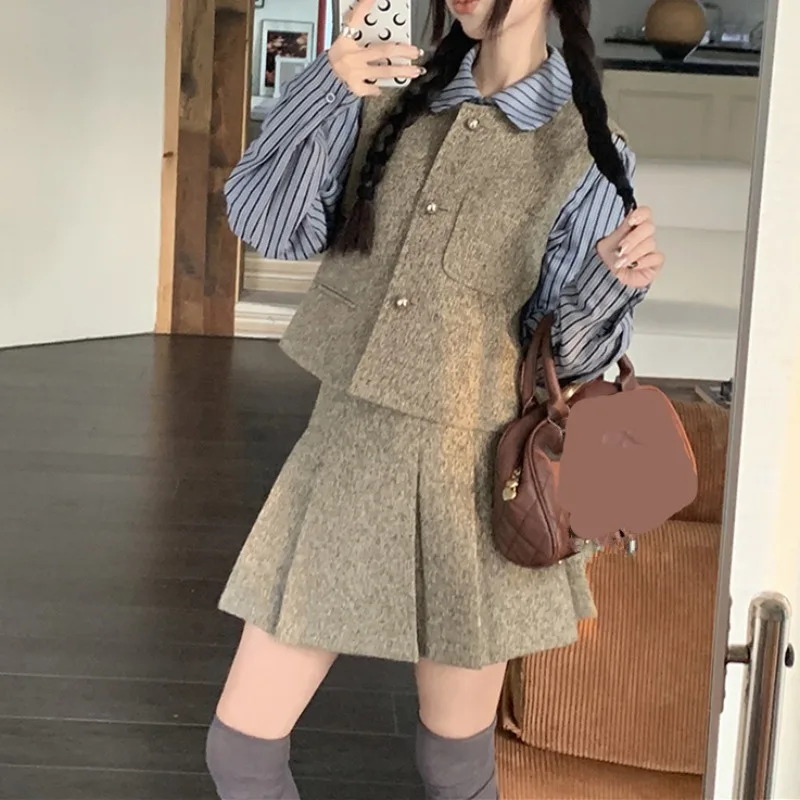 Vintage College Style Women 3pcs Outfit Long Sleeve Striped Shirt Tweed Single Breasted Vest Coat High Waist Pleated Skirt Suits