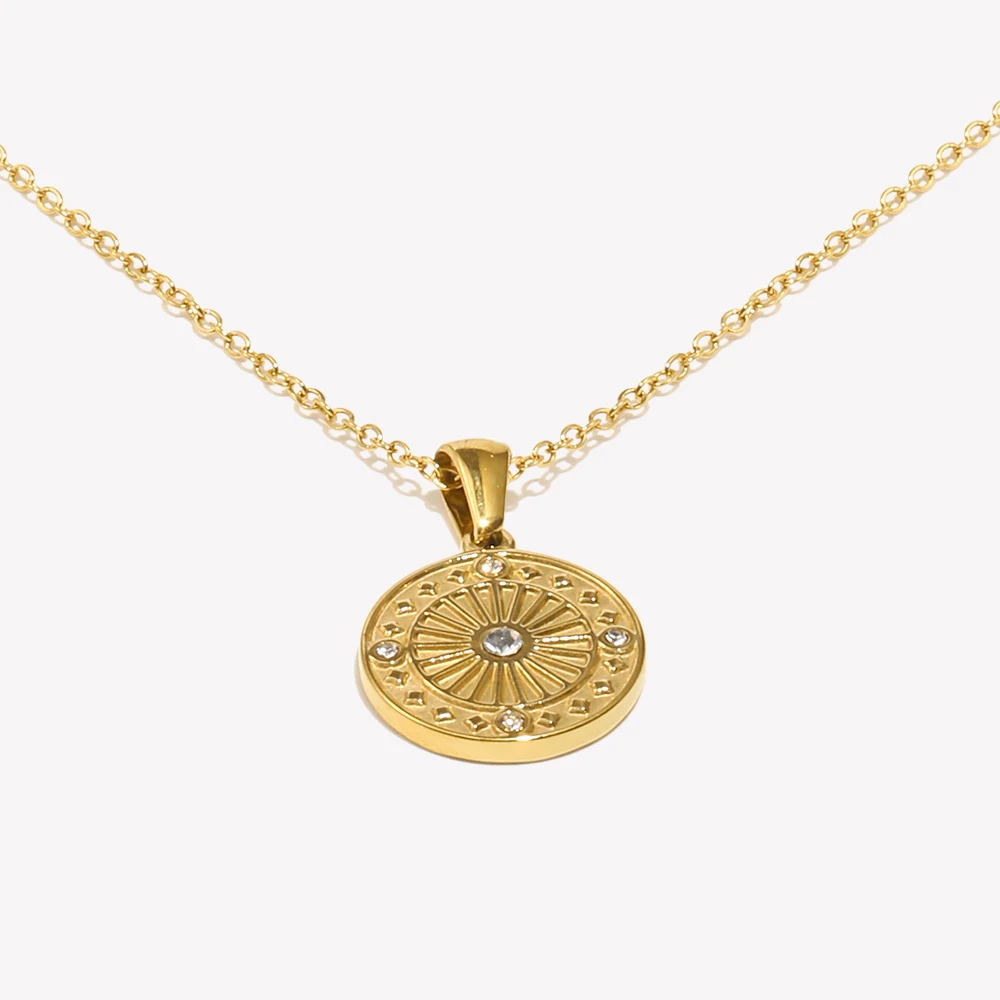Classcial Minimalist Round Gold Plated Silver Color Coin Necklaces For Women Stainless Steel Waterproof Circle Pendant Collar