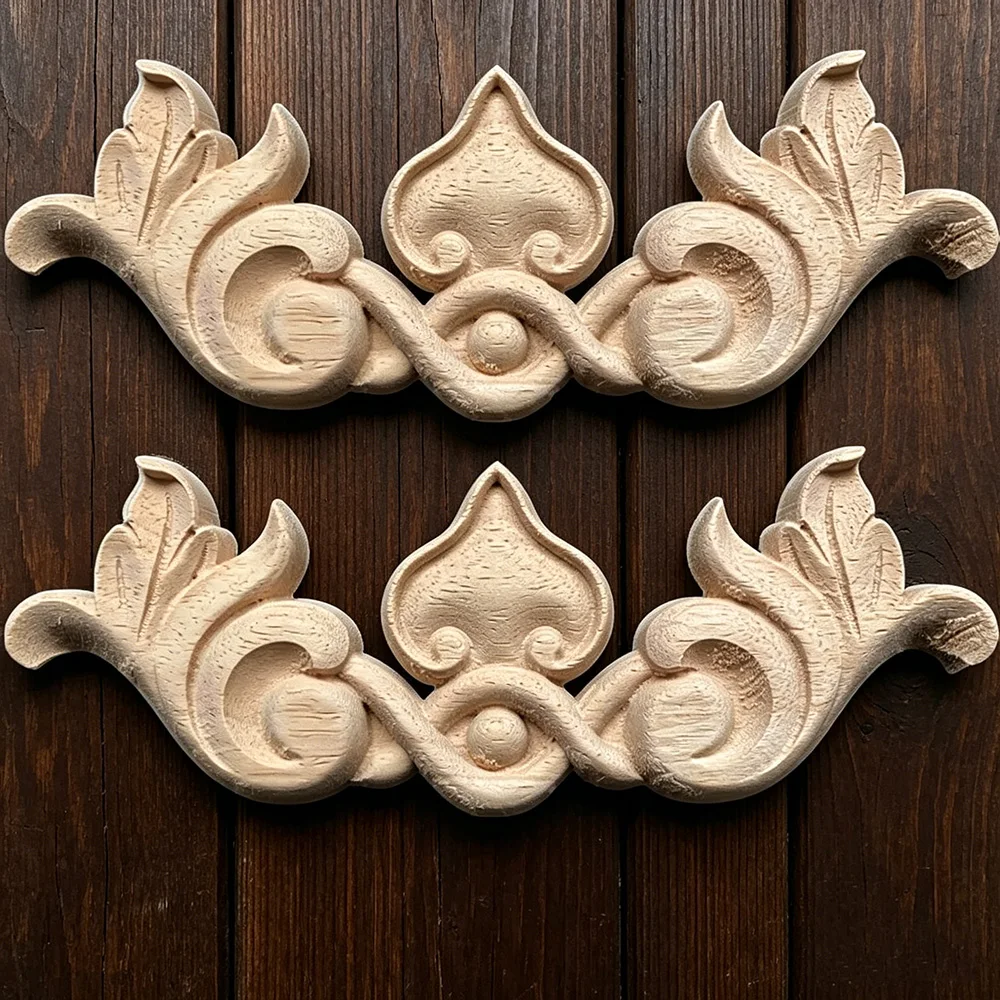 

2PCS Carved Flower Carving Wood Appliques for Furniture Cabinet Unpainted Wooden Mouldings Decal Decorative Figurine