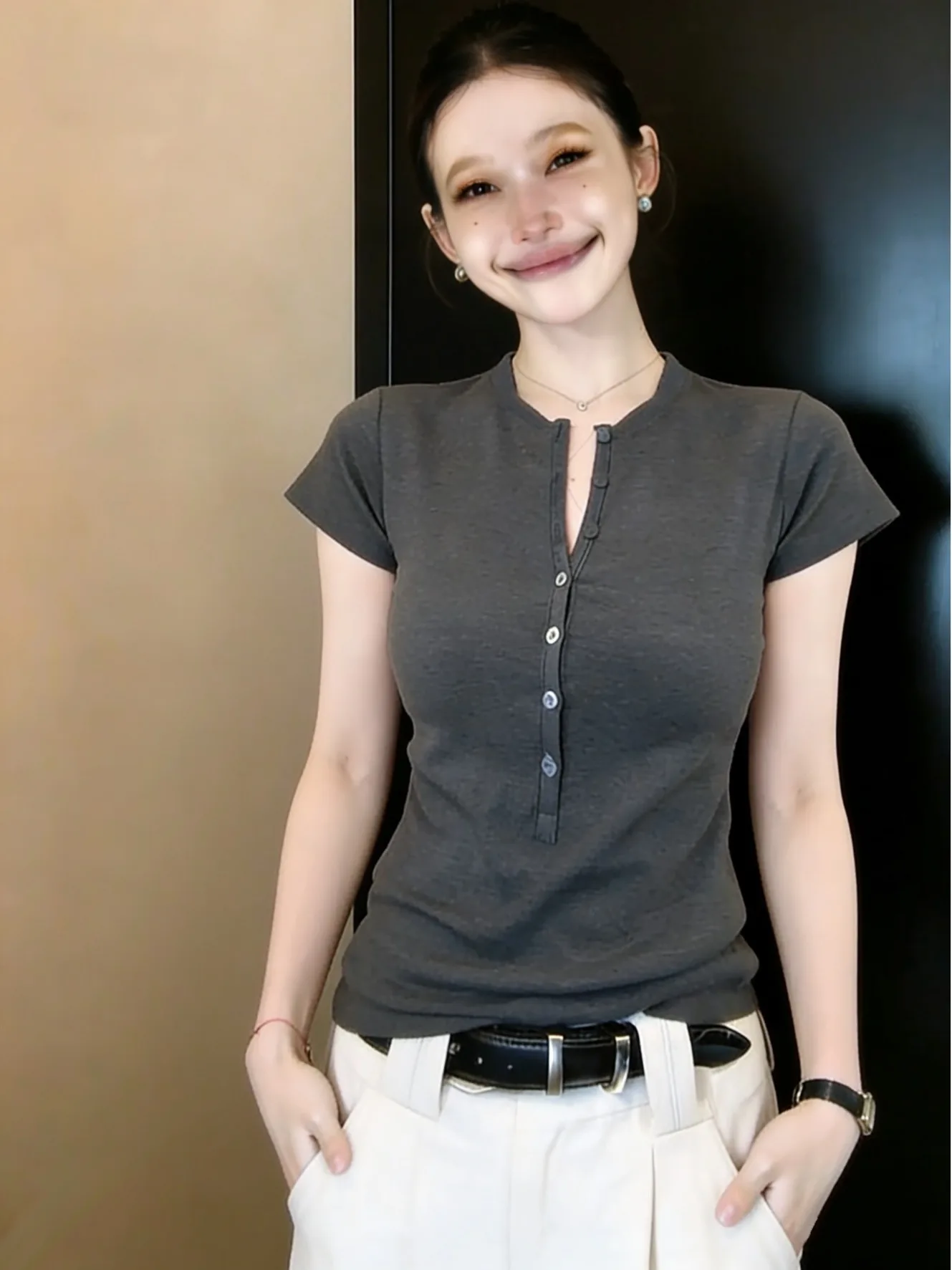 

plus Size Slim Fit Short Sleeve T-Shirt Pure Color Versatile Casual Summer New Style Head over Shoulder Style Women's Top