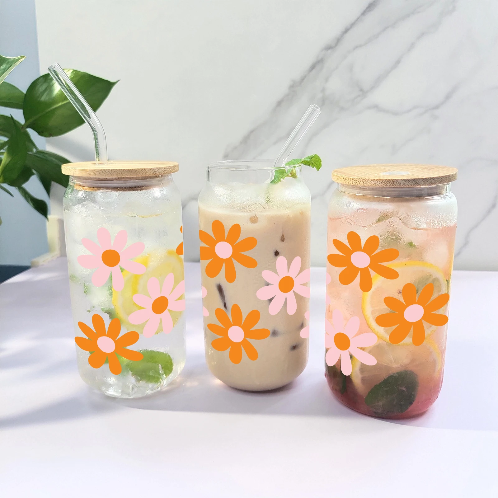 1pc Little Daisy 3d Printed Can Glass Coffee Glass Can Soda Can With Lid&Straw Glass Coffee Cup Mug Wine Glass Friendsmas Gift