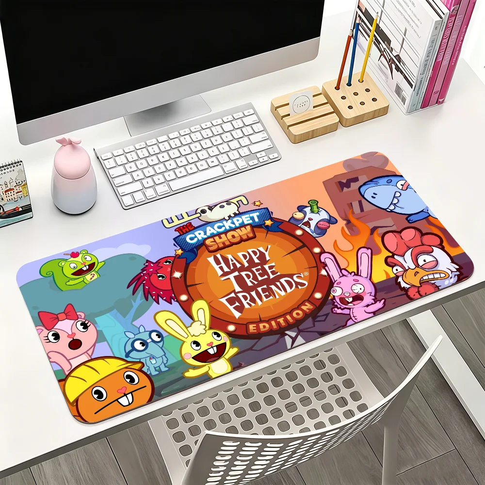 Happy T-Tree Friends Mouse Pad Large Non-Slip Waterproof Mat Stitched Edge Keyboard Pad for Gaming Daily Office