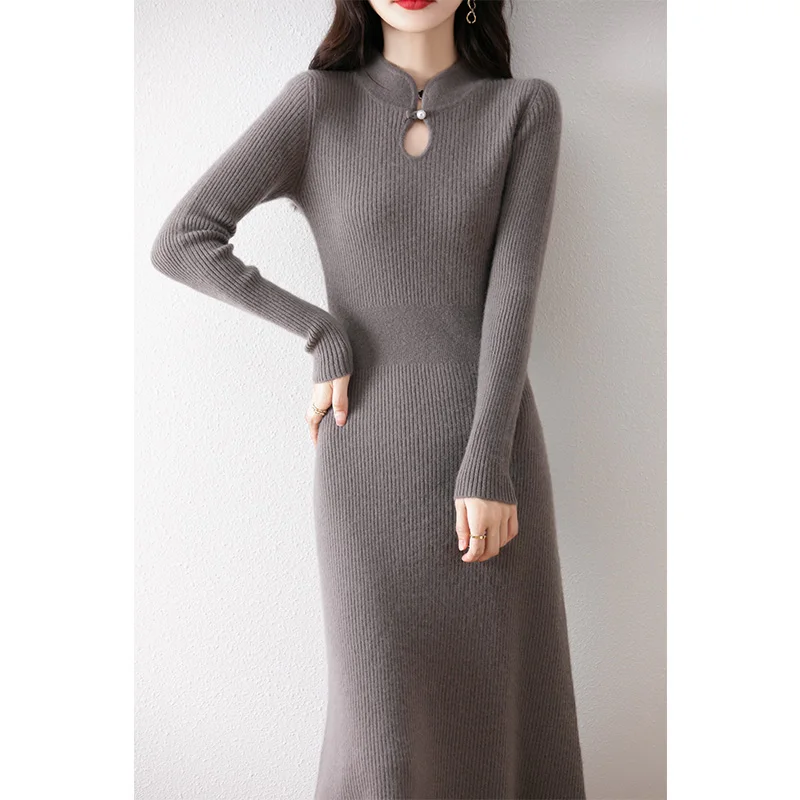 New Chinese Style Buckle 100% Wool Skirt Women\'s Autumn And Winter New Long-Sleeved Knit Dress Slim Long Slim Bottoming Dress