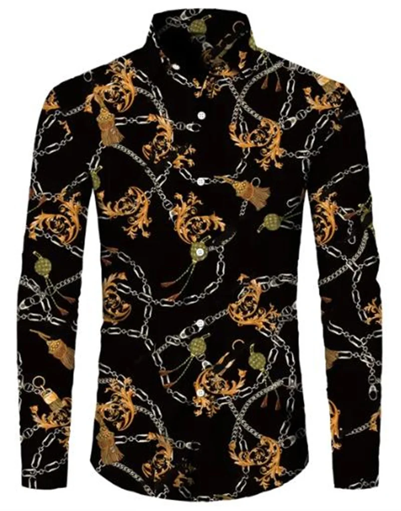 

Gold flower pattern print men's shirt casual single breasted cardigan long sleeve shirt fashion trend tops men's clothing