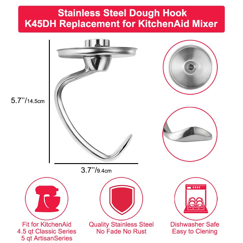 Stainless Steel Dough Hook for KitchenAid 4.5 Qt - 5 Qt Tilt-Head Mixers Sturdy & Dishwasher Safe Kitchenaid Mixer Accessories