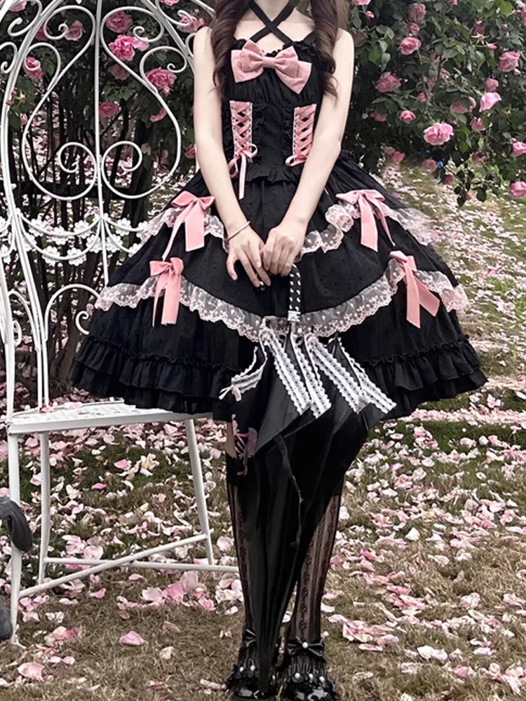 

KIMOKOKM Sweet Lolita Dress Ruffled Lace Kawaii Square Collar Bandage Bow Sleeveless A-Line Princess Japanese JSK Dresses