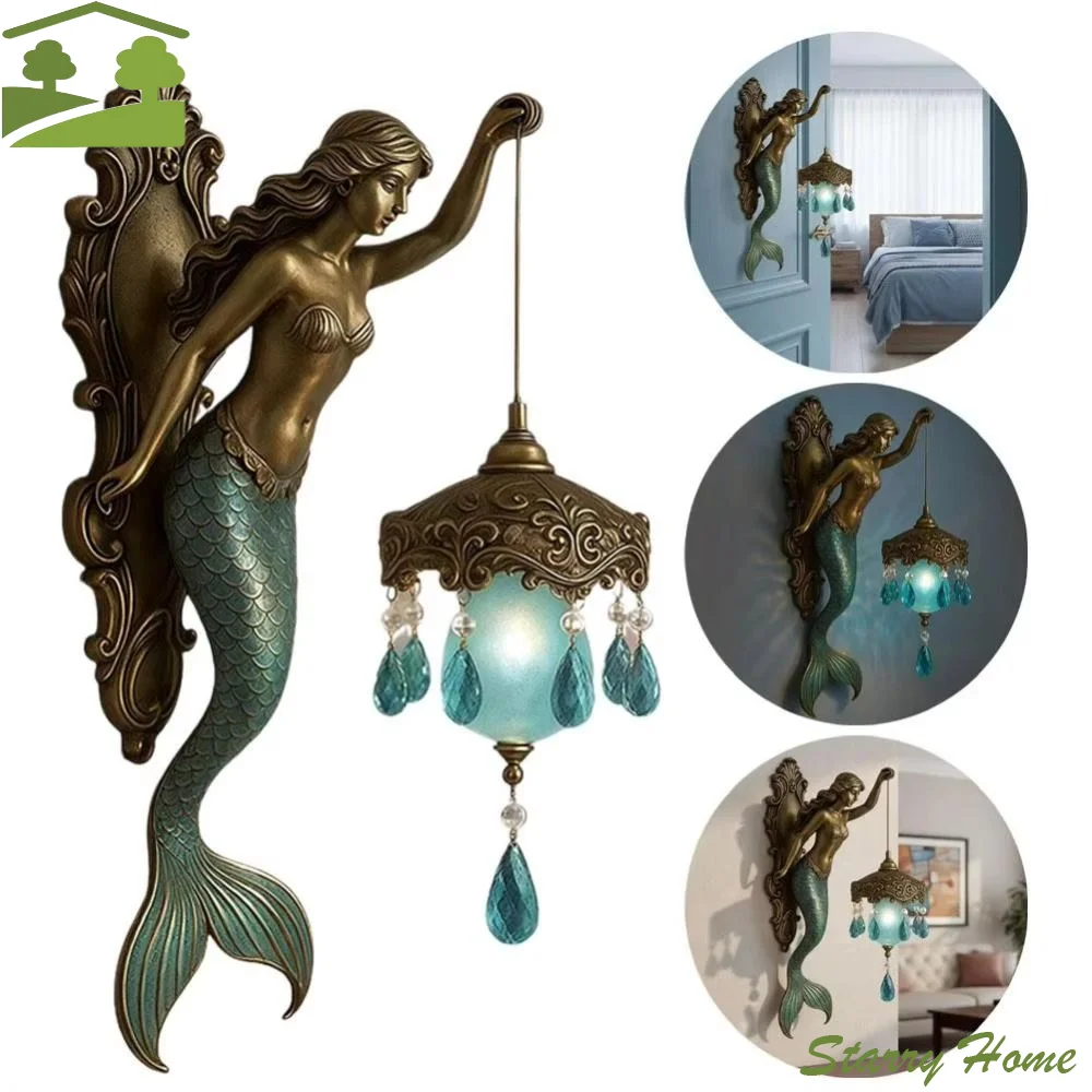

Resin Material Mermaid Wall Lamp Crystal Pendant Soft Ambient Light Resin Wall Lamp Ocean Style Mermaid Design