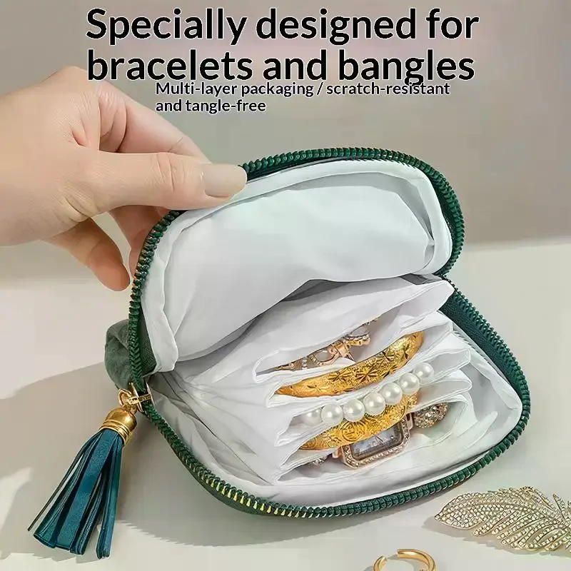Portable Jewelry Storage Bag With Tassel Pendant Ring Zipper Crystal Bracelet Storage Multi-layer Large Capacity Storage Pouch