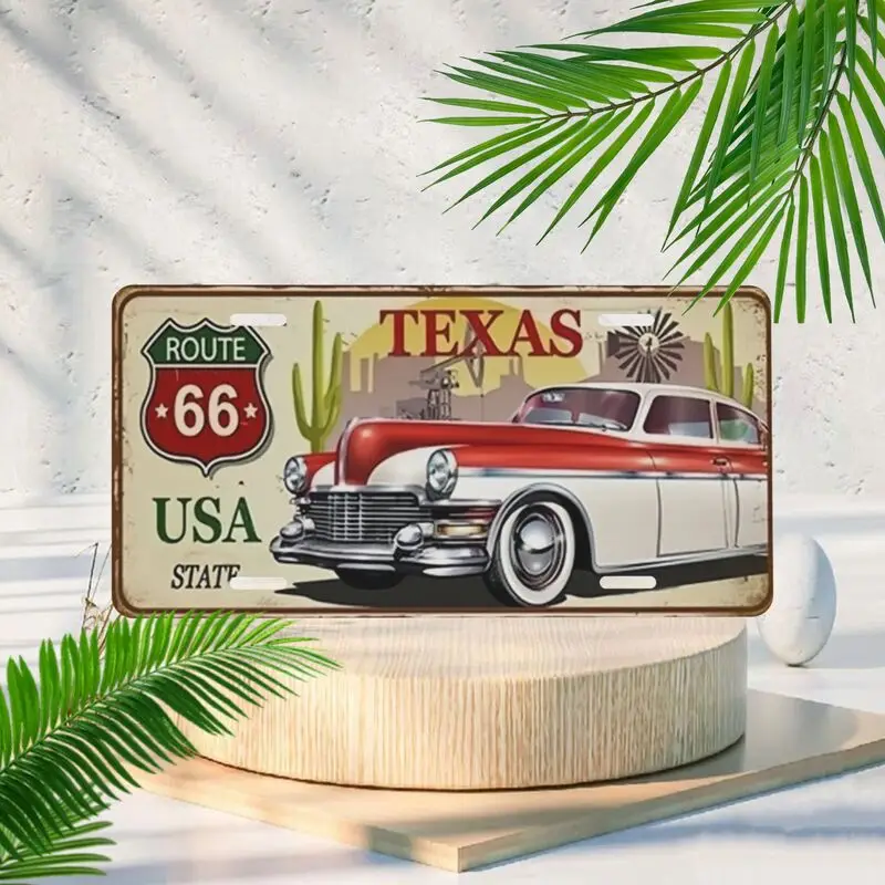 Vintage Route 66 Texas USA Aluminum Plaque, Classic Retro Car Cactus Pattern Wall Art for Home Garage Bar Man Cave Wall Hanging